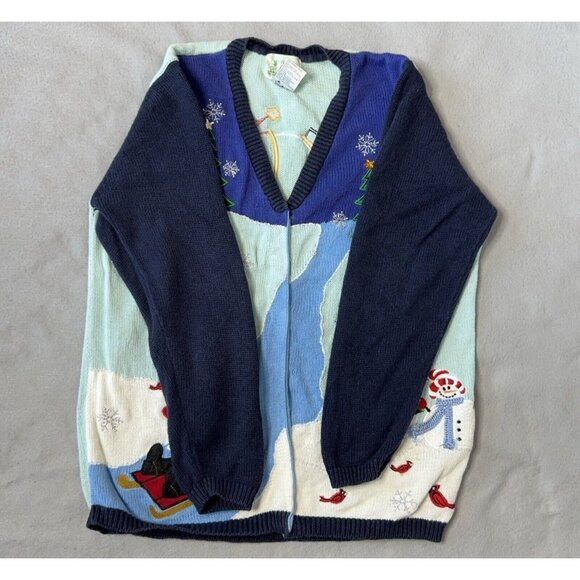 Quacker Factory Cardigan Sweater Snowman Christmas Tree Holiday Winter Theme Lg - Picture 10 of 16